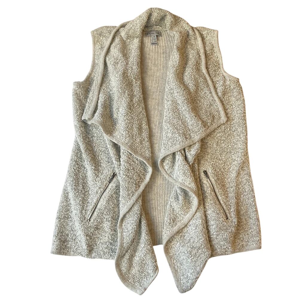 Olivia Sky Women Vest M Gray Acrylic Wool Zipper Pockets Sleeveless Open Front